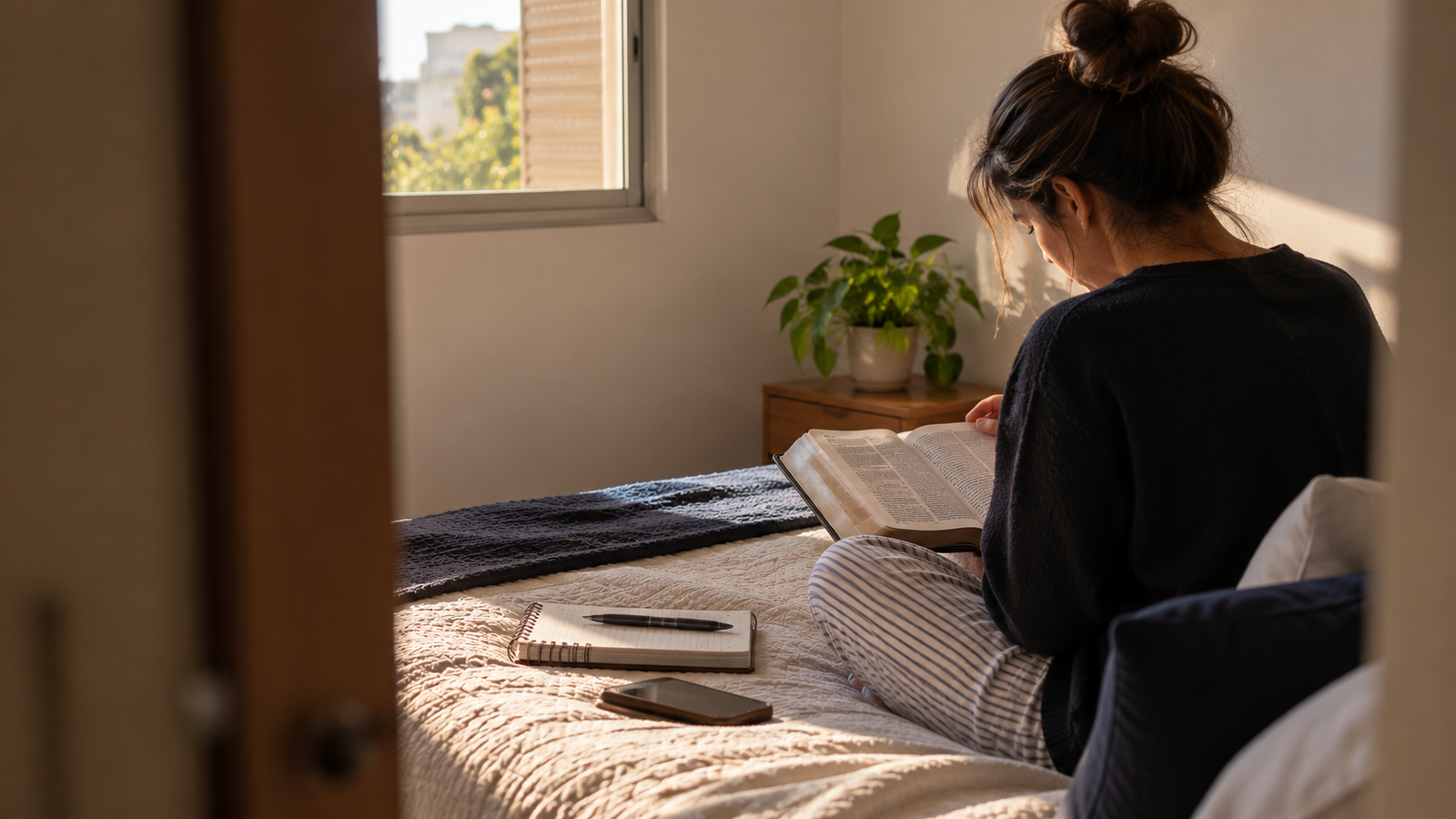 Mulher lendo a Bíblia no quarto