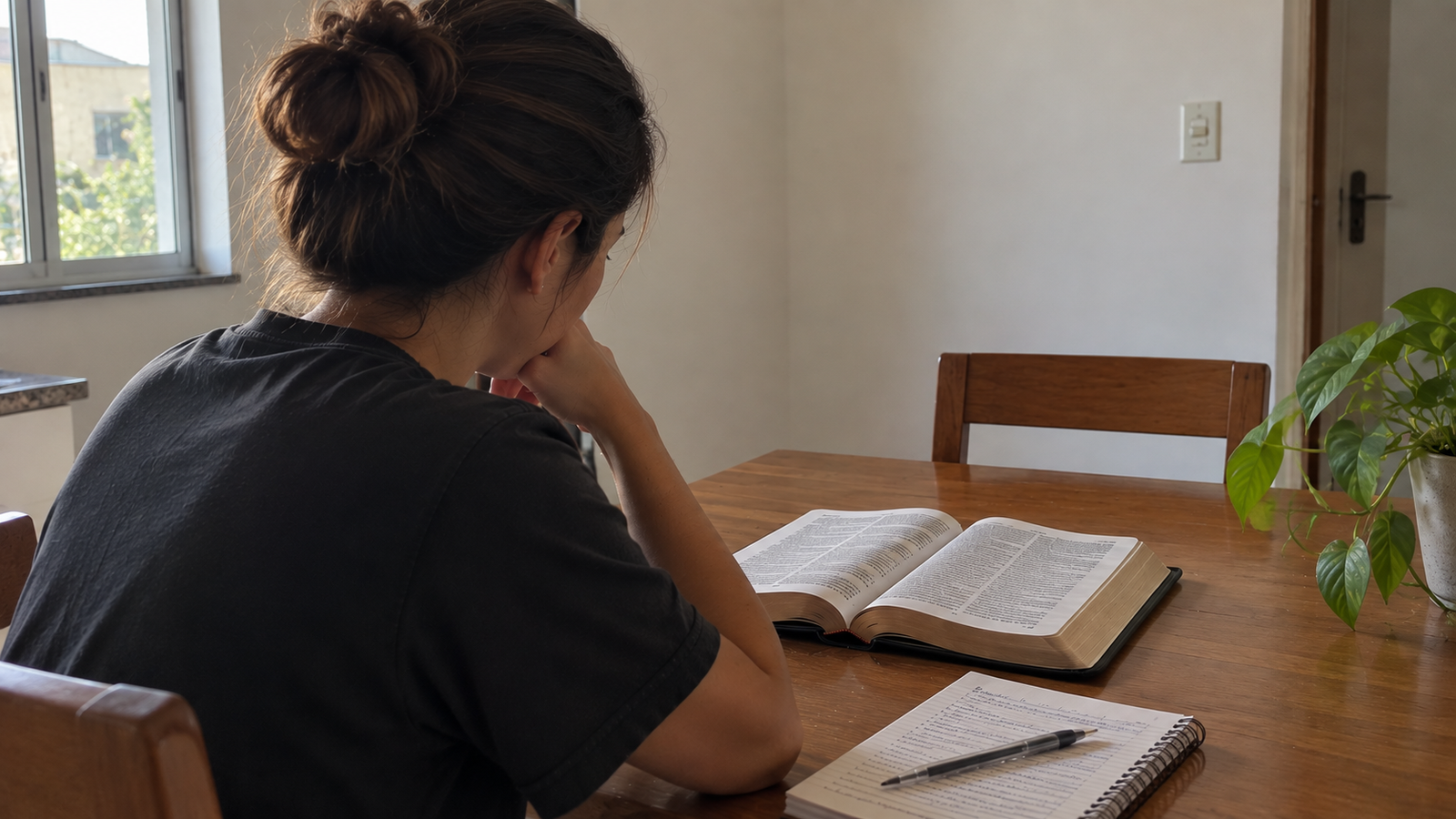 Mulher lendo a Bíblia à mesa